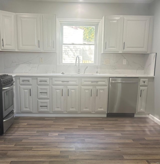 kitchen with white cabinets, dishwasher, black electric range oven, and dark hardwood / wood-style floors