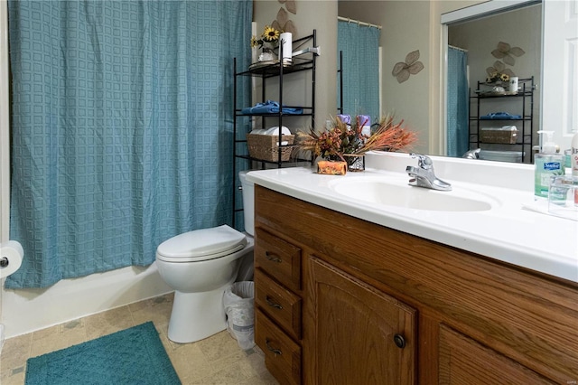 full bathroom with vanity, toilet, and shower / bathtub combination with curtain