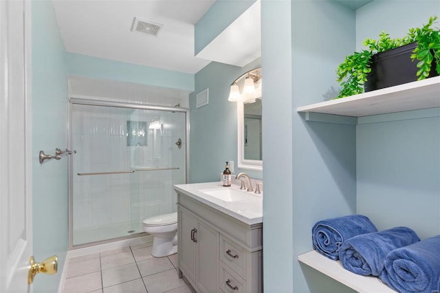 bathroom with tile patterned floors, an enclosed shower, vanity, and toilet