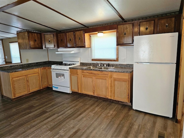 kitchen featuring dark hardwood / wood-style floors, sink, and white appliances