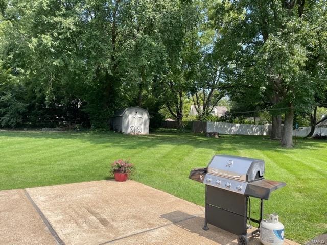 view of yard featuring a patio and a storage shed