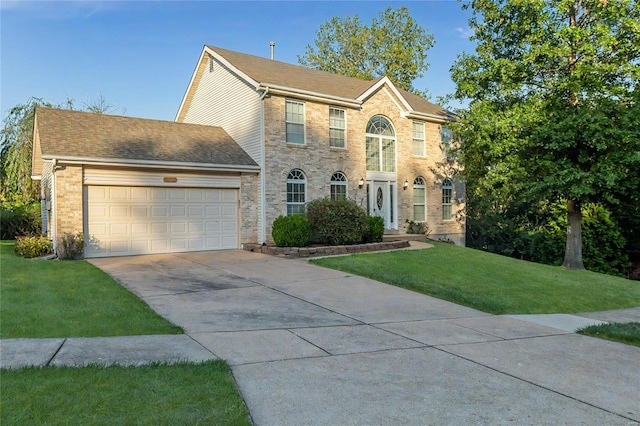 colonial-style house with a front lawn and a garage