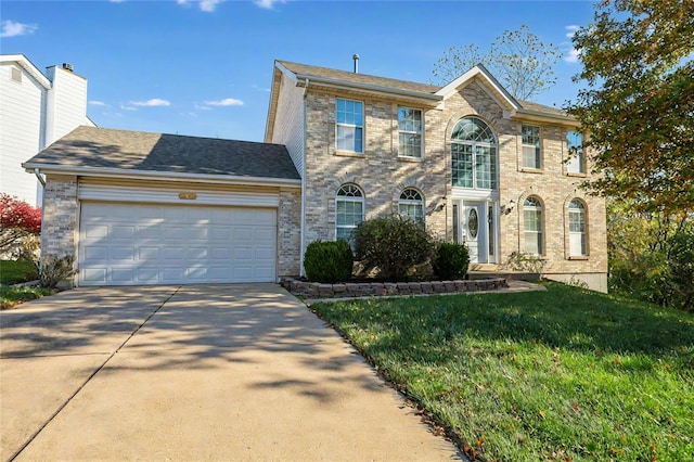 colonial-style house with a front lawn and a garage