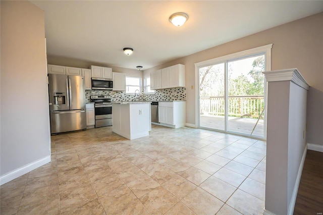 kitchen with decorative backsplash, sink, a center island, white cabinetry, and appliances with stainless steel finishes