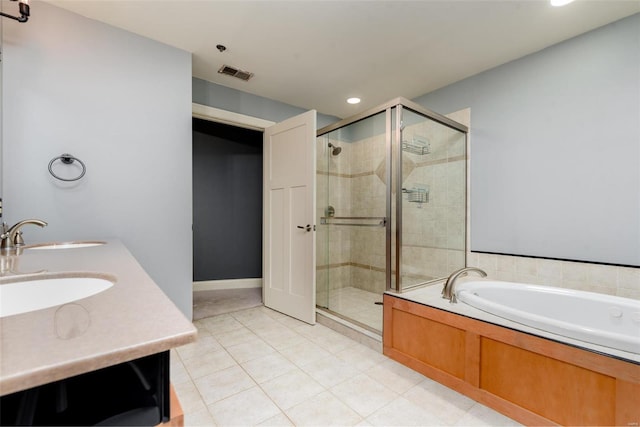 full bathroom featuring double vanity, a bath, a sink, and a shower stall