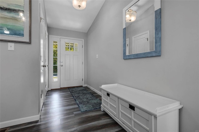 entryway featuring vaulted ceiling and dark hardwood / wood-style flooring