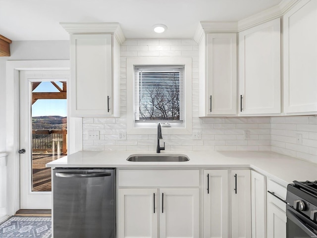 kitchen with dishwasher, black range, sink, tasteful backsplash, and white cabinetry