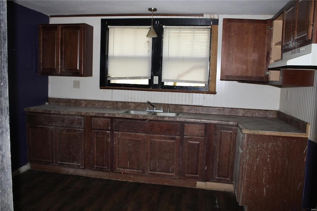 kitchen with hanging light fixtures, dark wood-type flooring, exhaust hood, dark brown cabinets, and sink