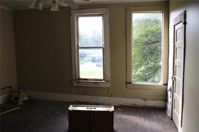 unfurnished room with dark wood-type flooring and ceiling fan