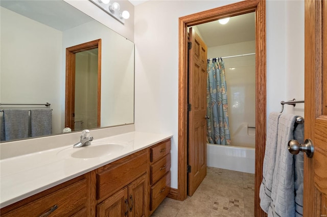 bathroom featuring vanity, tile patterned floors, and shower / bath combination with curtain