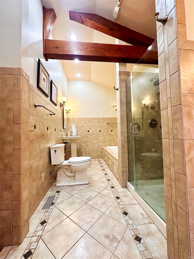 bathroom with tile walls, a shower with shower door, vaulted ceiling with beams, toilet, and tile patterned floors