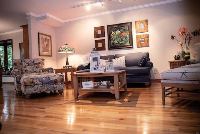 living room with light hardwood / wood-style flooring, track lighting, and ornamental molding