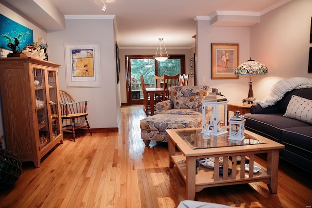 living room with light hardwood / wood-style flooring and crown molding