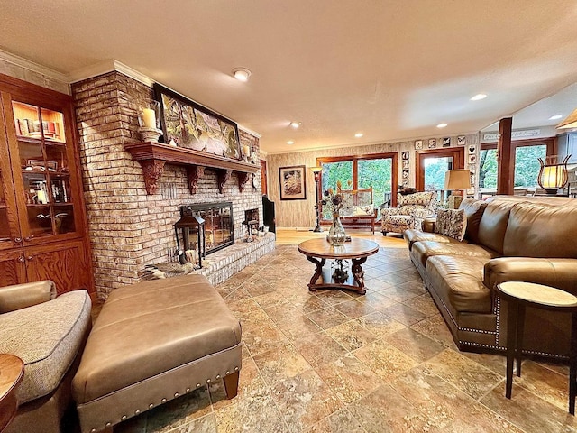 living room featuring a fireplace