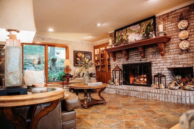 sitting room featuring a fireplace and ornamental molding