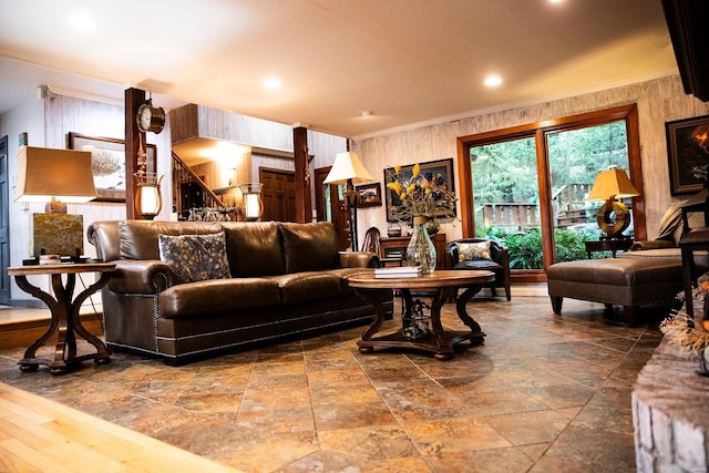 living room with crown molding