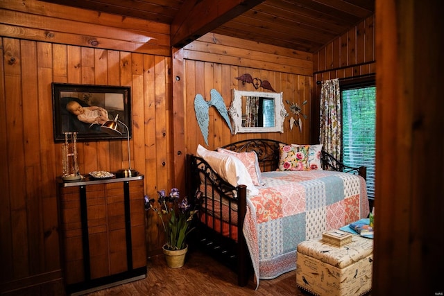 bedroom with wooden ceiling, wood-type flooring, wooden walls, and vaulted ceiling