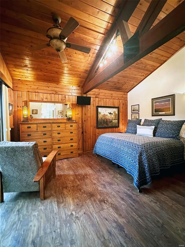 bedroom with ceiling fan, wood ceiling, wooden walls, lofted ceiling with beams, and hardwood / wood-style floors