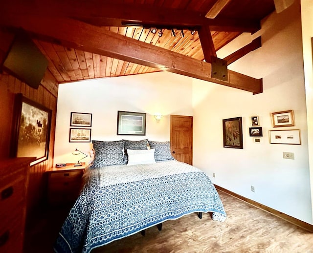 bedroom featuring wooden walls, wood ceiling, lofted ceiling with beams, and hardwood / wood-style flooring