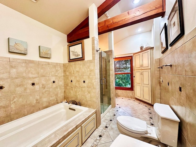 bathroom featuring lofted ceiling with beams, shower with separate bathtub, tile patterned flooring, tile walls, and toilet