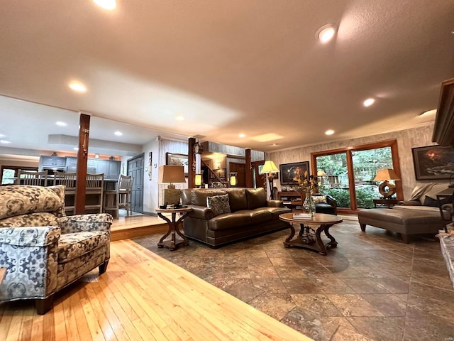 living room with dark hardwood / wood-style floors