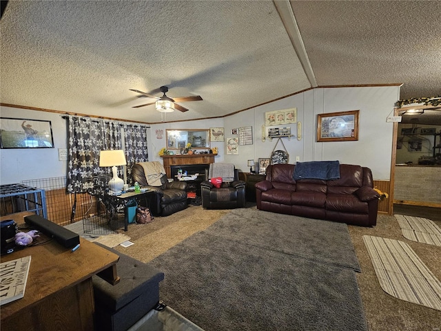 carpeted living room featuring lofted ceiling, a textured ceiling, wood walls, and ceiling fan