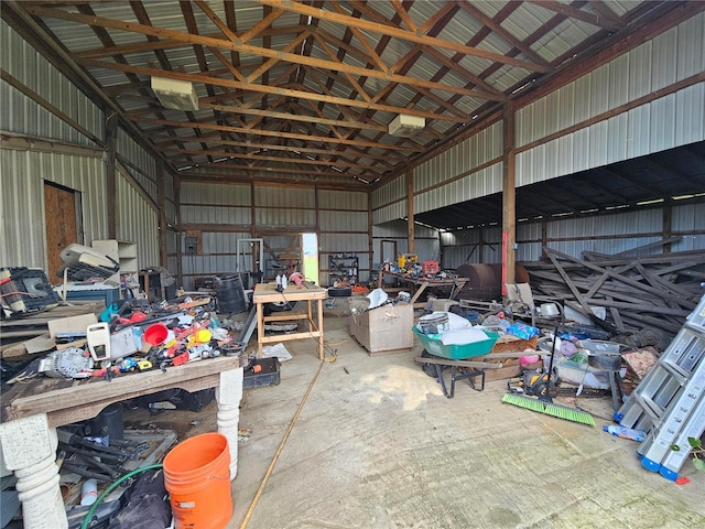 garage with a workshop area