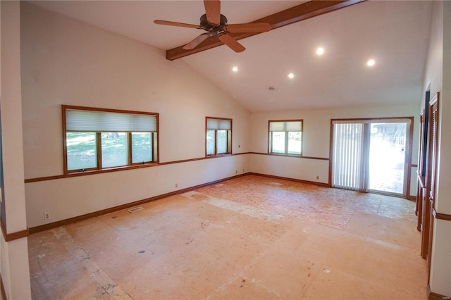 spare room featuring ceiling fan, beamed ceiling, and high vaulted ceiling