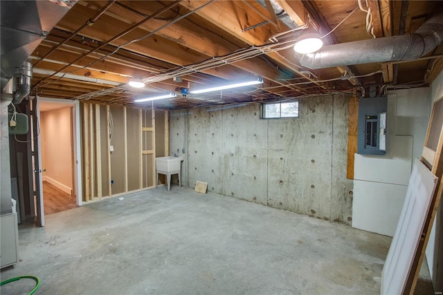 basement with electric panel and sink