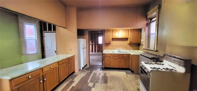 kitchen with light hardwood / wood-style flooring, sink, white appliances, and a high ceiling