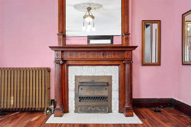 room details featuring wood-type flooring, radiator heating unit, and a fireplace