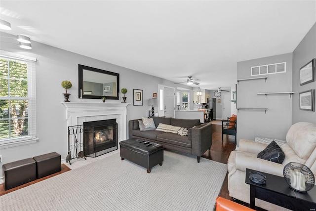 living room with ceiling fan and hardwood / wood-style flooring