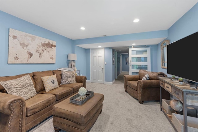 living room with light carpet