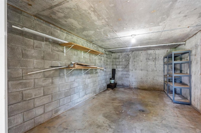 basement with a wood stove