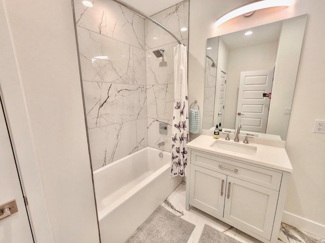 bathroom featuring shower / tub combo with curtain and vanity