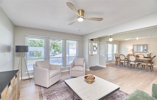 living room featuring ceiling fan, a textured ceiling, and hardwood / wood-style flooring