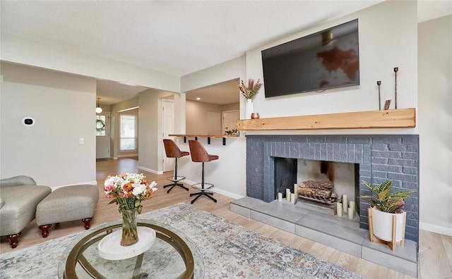 living room featuring a fireplace and light hardwood / wood-style flooring