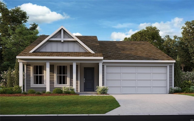 view of front of property with a garage, a porch, and a front lawn