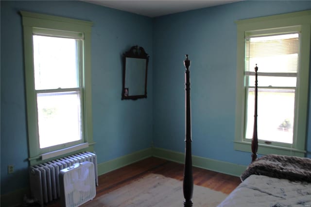 bedroom with radiator heating unit, light hardwood / wood-style floors, and multiple windows