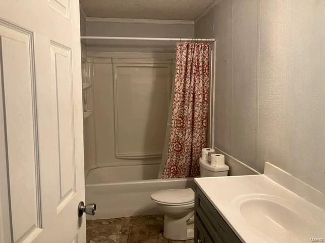 full bathroom with shower / tub combo, vanity, toilet, and ornamental molding