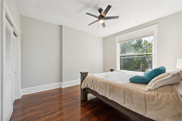 bedroom featuring a closet, dark hardwood / wood-style flooring, and ceiling fan