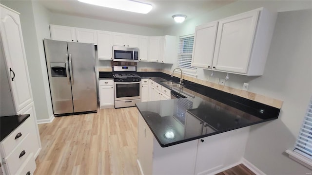 kitchen with white cabinets, sink, kitchen peninsula, appliances with stainless steel finishes, and light wood-type flooring