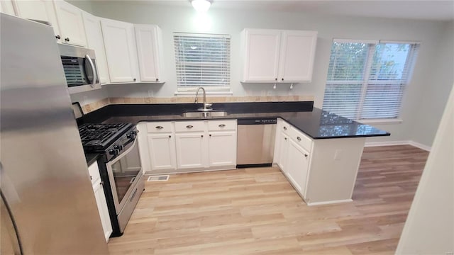 kitchen with stainless steel appliances, kitchen peninsula, white cabinets, and sink