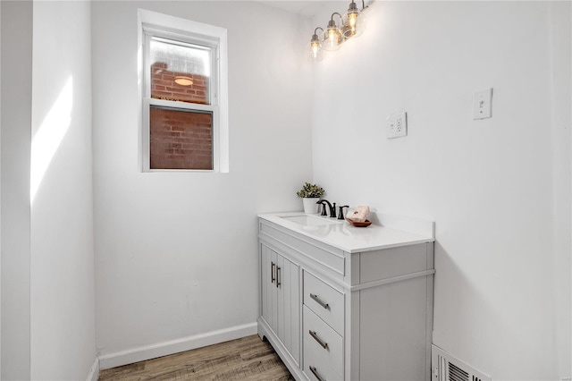 bathroom with wood-type flooring and vanity