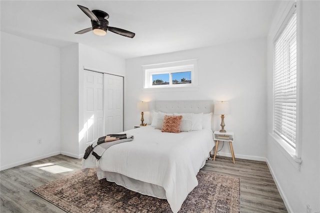 bedroom featuring wood-type flooring, ceiling fan, and a closet