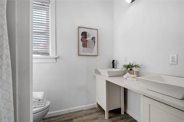 bathroom with vanity, toilet, and hardwood / wood-style flooring