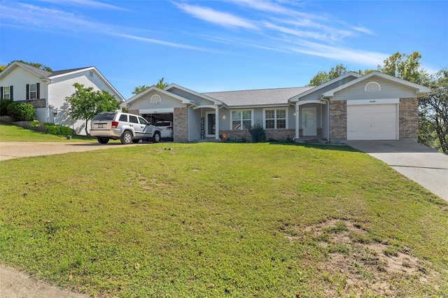 single story home featuring a garage and a front lawn