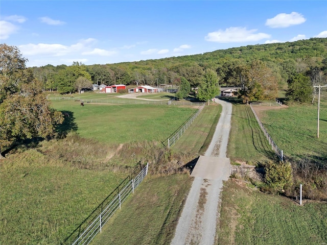 bird's eye view featuring a rural view and a wooded view