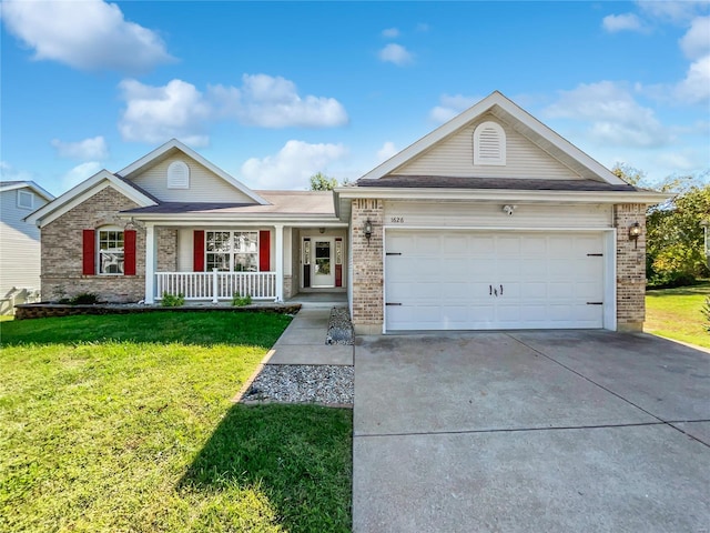 ranch-style house with a front yard, a garage, and a porch