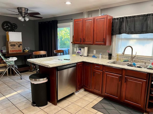 kitchen with ceiling fan, light tile patterned flooring, sink, kitchen peninsula, and stainless steel dishwasher